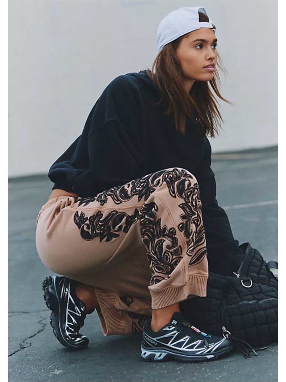 Embroidered Beige Joggers with Black Appliqué
